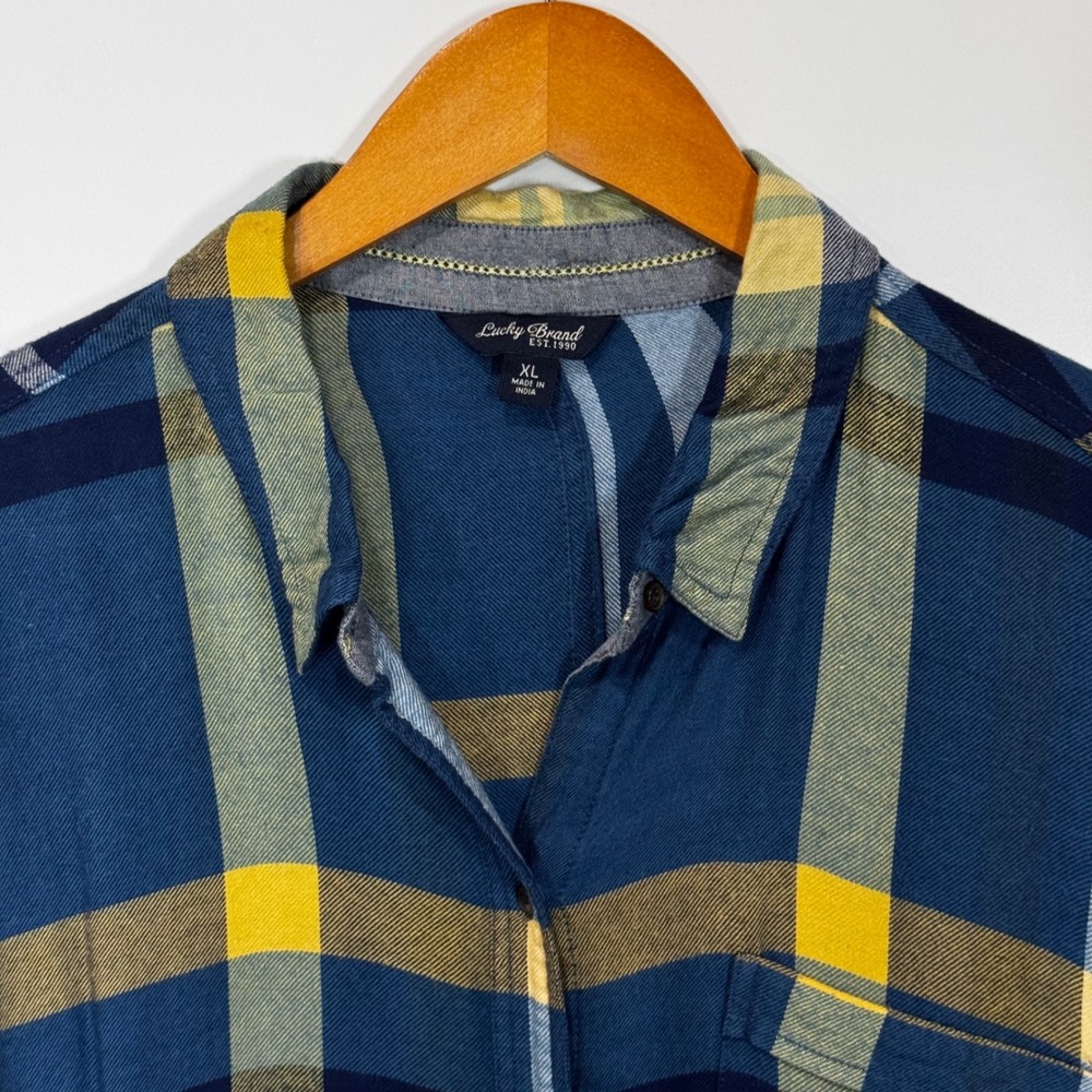 Lucky Brand Button Down Women XL Blue Yellow Plaid Modal Roll Tab Sleeve Flannel - Picture 2 of 11